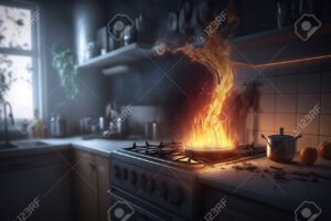 202768509 estufa de gas encendida fuego en una cocina llamas de fuego en horno de estufa de gas ai