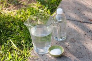 botella de vinagre y sal sobre un suelo