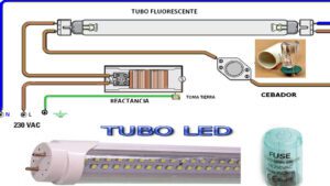 fluorescente encendido con cables y componentes electricos