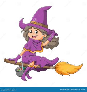 la joven bruja esta volando con escoba magica las jovenes brujas vuelan de ilustracion 229287109