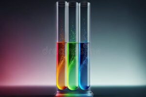 un tubo de ensayo rodeado de experimentos coloridos