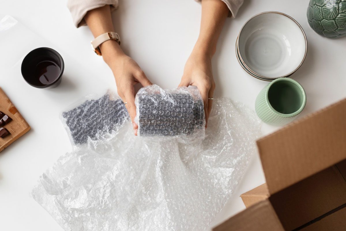 Persona transportando caja de cerámica cuidadosamente